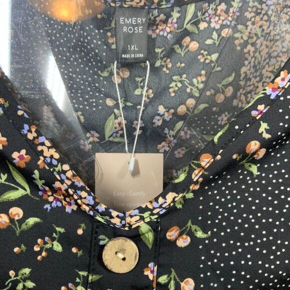 NWT Black Pink Ditsy Floral Button Front Flounce Sleeve Blouse 1XL 14 - Picture 3 of 12